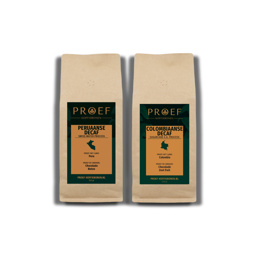 Koffiebonen Proefpakket met Peruaanse Swiss Water Decaf & Colombiaanse Sugarcane Decaf