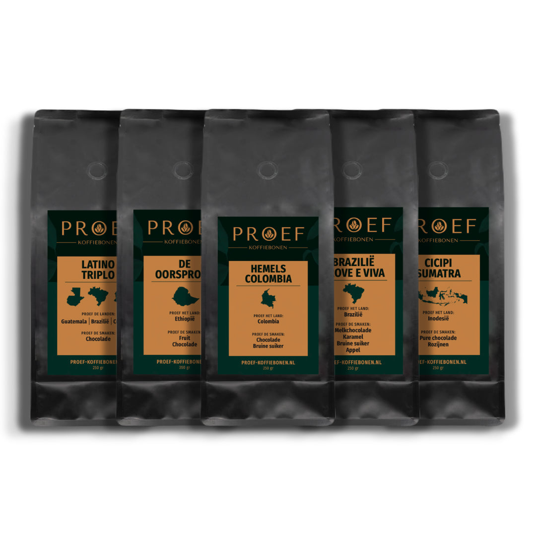 Koffiebonen Proefpakket Fijnproever met Latino Triplo, De Oorsprong,  Hemels Colombia, Brazilië Prove e Viva & Cicipi Sumatra
