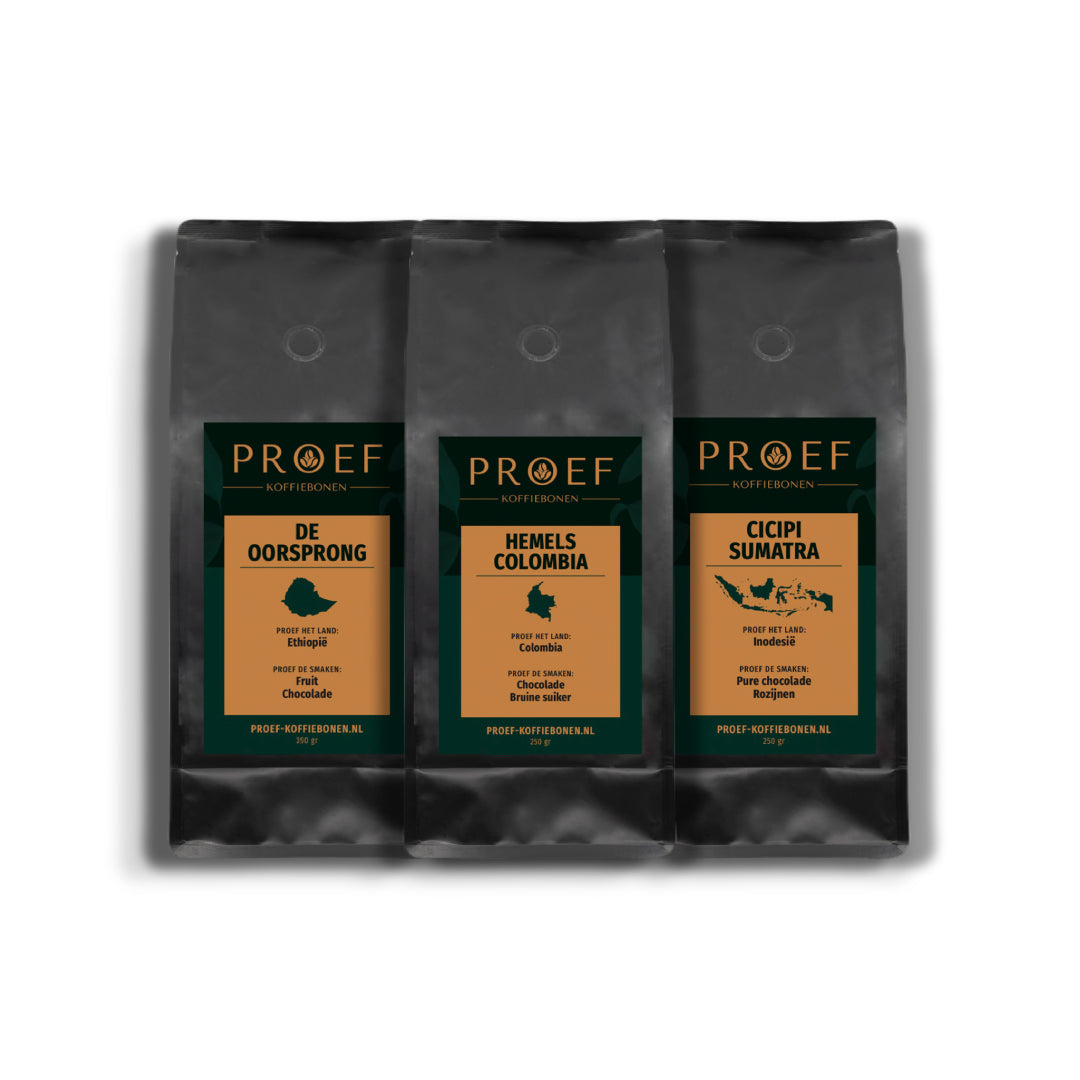 Vers gebrande koffiebonen Proefpakket Wereldreis - Proef Koffiebonen - Decaf Koffiebonen - Swiss Water Process - Lekkerste koffiebonen